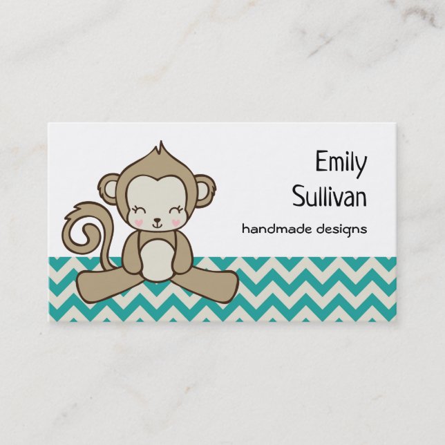 Cute Brown Cartoon Monkey Sitting Down | Kawaii Business Card (Front)