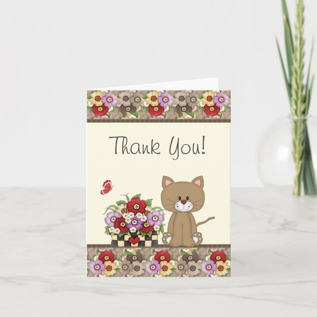 Cute Brown Cat, Flowers and Butterfly Thank You (Front)