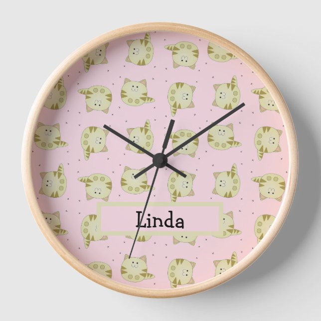 Cute brown cat pink pattern clock (Front)