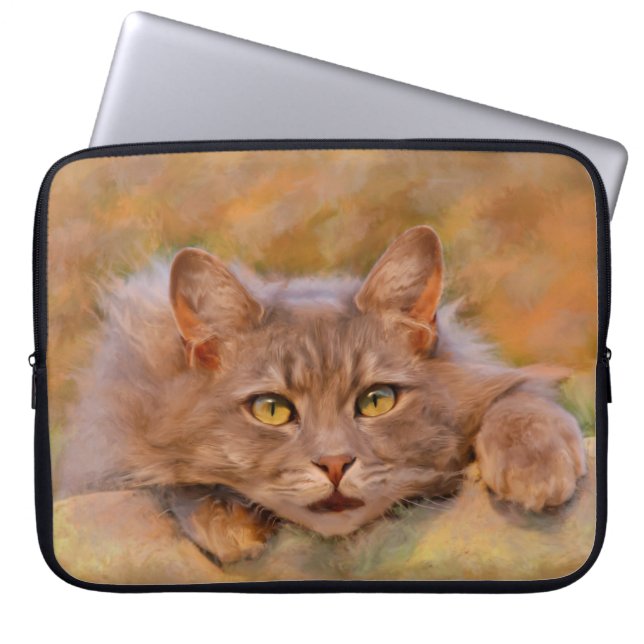 Cute Brown Cat Watercolor Oil Painting Art Laptop Sleeve (Front)