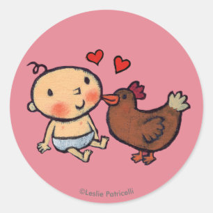 Cute Brown Chicken Peck on the Cheek for Baby Classic Round Sticker