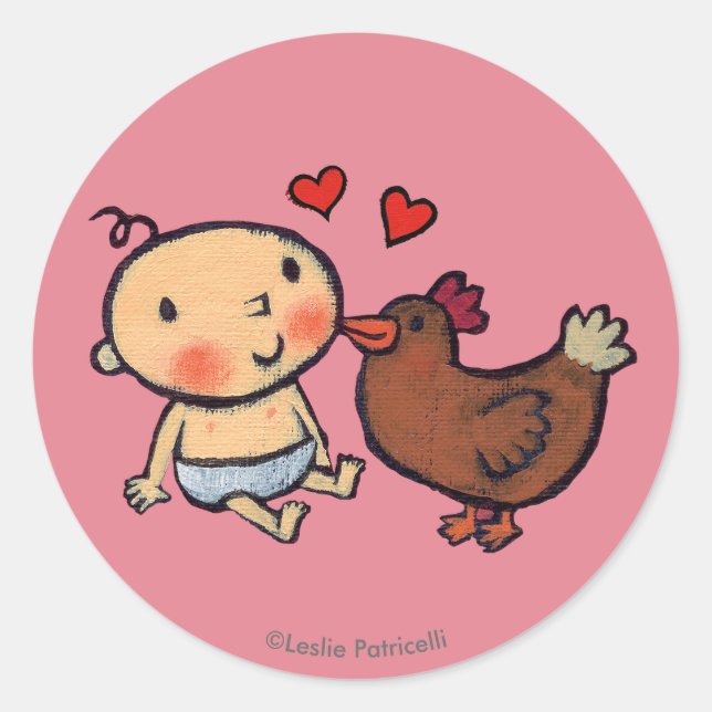 Cute Brown Chicken Peck on the Cheek for Baby Classic Round Sticker (Front)