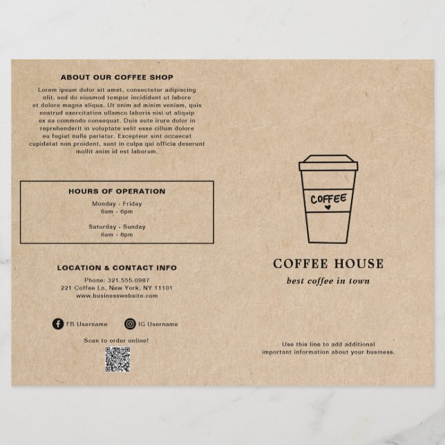 Cute Brown Coffee Cup Coffee Shop Menu (Front)