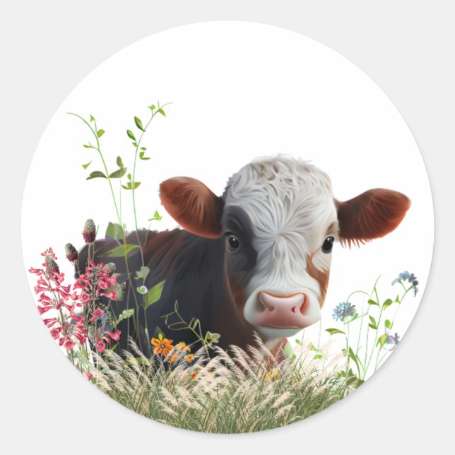 Cute Brown Cow sitting in garden Classic Round Sticker (Front)