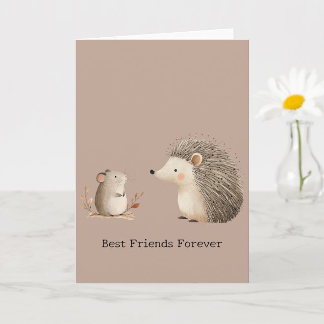 Cute Brown Cream Hedgehog Mouse Best Friends Card (Small Plant)
