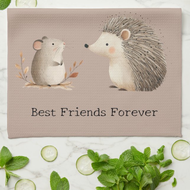 Cute Brown Cream Hedgehog Mouse Best Friends Tea Towel (Folded)