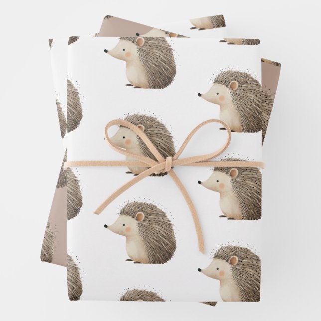 Cute Brown Cream Hedgehog Wrapping Paper Sheet (In situ)