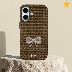 Cute Brown Crochet Bow Yarn Custom Name iPhone 16 Case