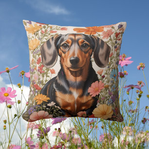 Cute Brown Dachshund And Cosmos Flowers Cushion