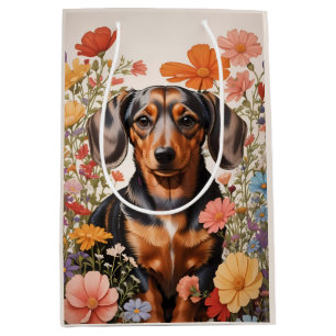Cute Brown Dachshund And Cosmos Flowers Medium Gift Bag