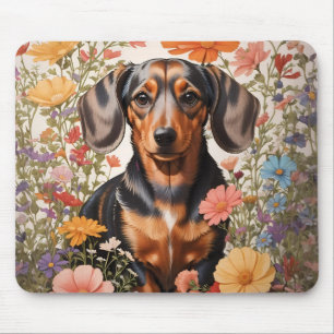 Cute Brown Dachshund And Cosmos Flowers Mouse Mat