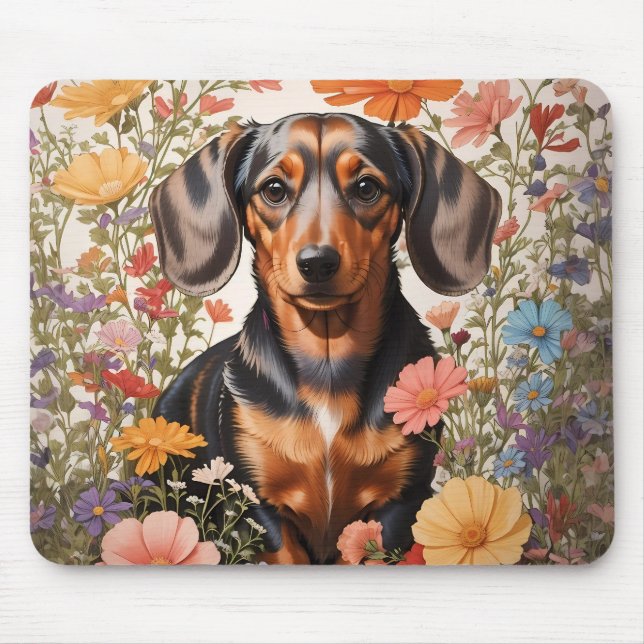 Cute Brown Dachshund And Cosmos Flowers Mouse Mat (Front)