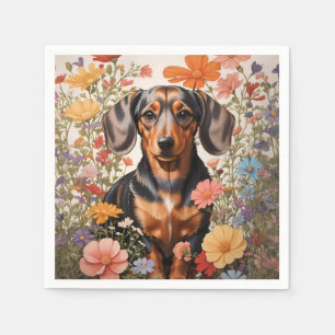 Cute Brown Dachshund And Cosmos Flowers Napkin