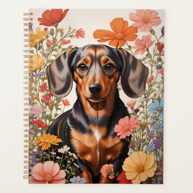 Cute Brown Dachshund And Cosmos Flowers Planner (Front)