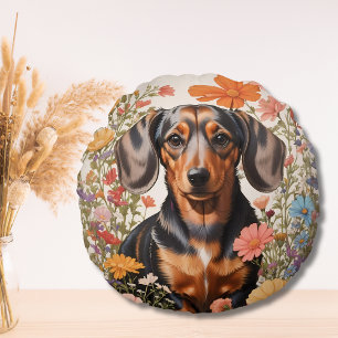 Cute Brown Dachshund And Cosmos Flowers Round Cushion