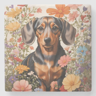 Cute Brown Dachshund And Cosmos Flowers Stone Coaster