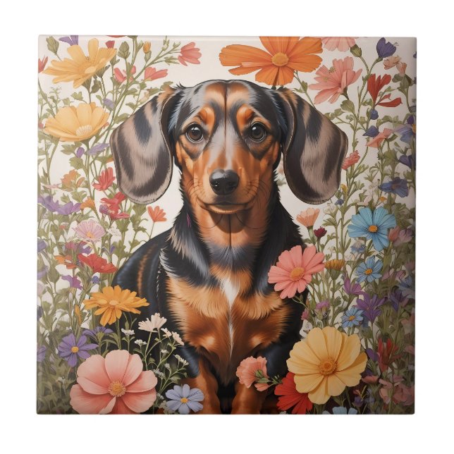 Cute Brown Dachshund And Cosmos Flowers Tile (Front)