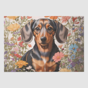 Cute Brown Dachshund And Cosmos Flowers Tissue Paper