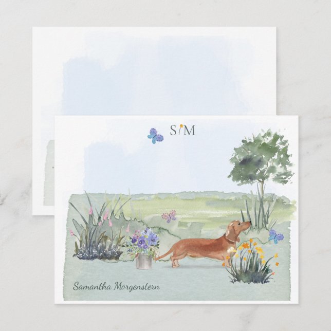 Cute Brown Dachshund Dog Butterfly Monogram Name  Card (Front/Back)