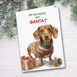 Cute Brown Dachshund Dog Looks for Santa Holiday Card