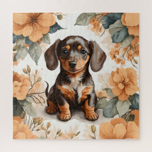 Cute Brown Dachshund Puppy Peach Floral  Jigsaw Puzzle
