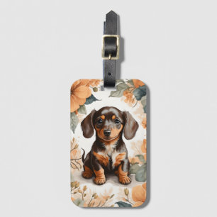 Cute Brown Dachshund Puppy Peach Floral  Luggage Tag