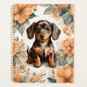 Cute Brown Dachshund Puppy Peach Floral  Planner
