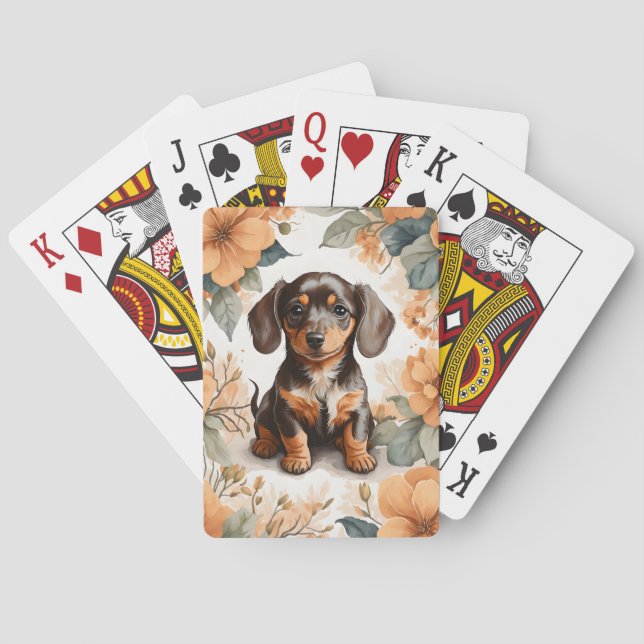 Cute Brown Dachshund Puppy Peach Floral  Playing Cards (Back)