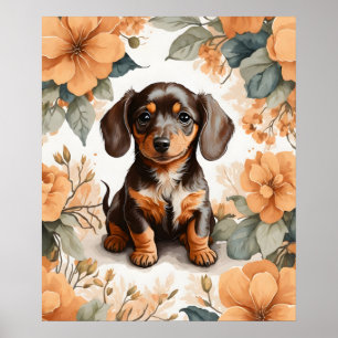 Cute Brown Dachshund Puppy Peach Floral  Poster