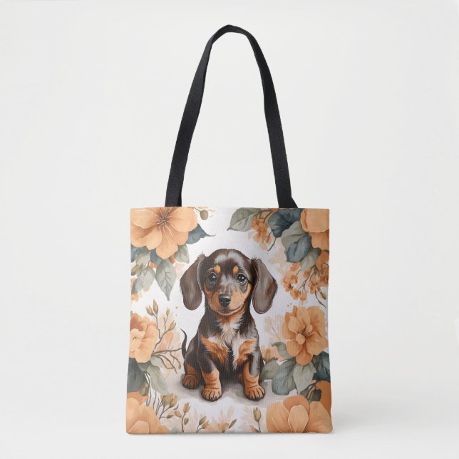 Cute Brown Dachshund Puppy Peach Floral  Tote Bag (Front)