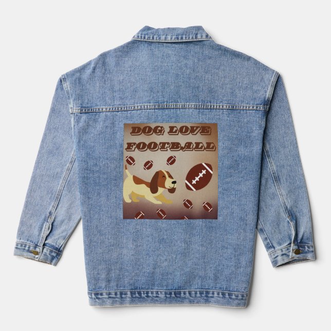 Cute Brown Dog Football Playing Match Women's Denim Jacket (Back)