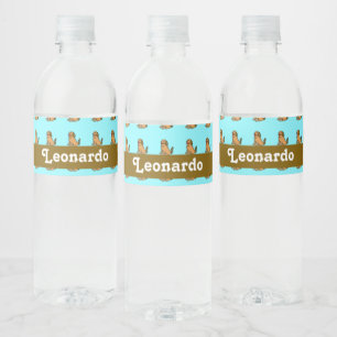 Cute brown dog pattern on blue water bottle label