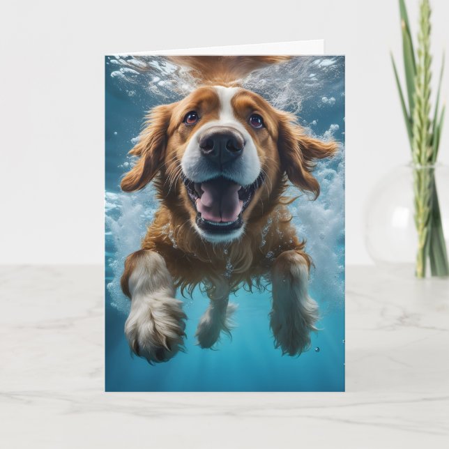 Cute Brown Dog Underwater Swimming Blue Water Card (Front)