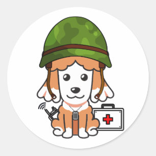Cute Brown Dog Wearing army helmet Classic Round Sticker
