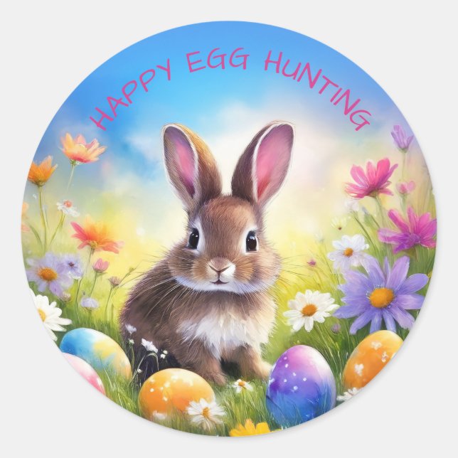Cute Brown Easter Baby Bunny Egg-Hunt Classic Round Sticker (Front)