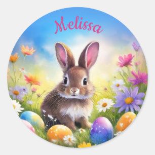 Cute Brown Easter Baby Bunny Name Classic Round Sticker