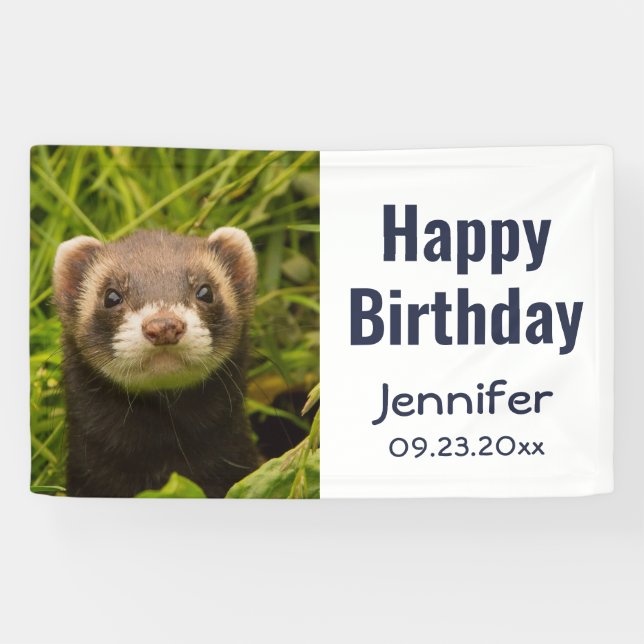 Cute Brown Ferret in the Grass Happy Birthday Banner (Horizontal)
