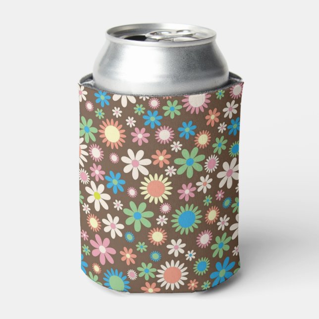Cute Brown Flower Power Pattern Can Cooler (Can Front)