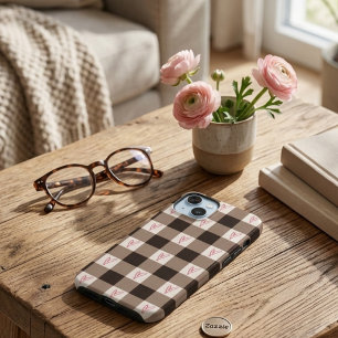 Cute Brown Gingham Plaid Hearts Pattern iPhone  15 Case