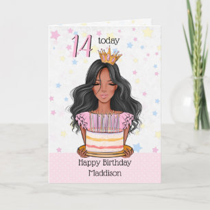 Cute Brown Girl with Cake Happy Birthday Card