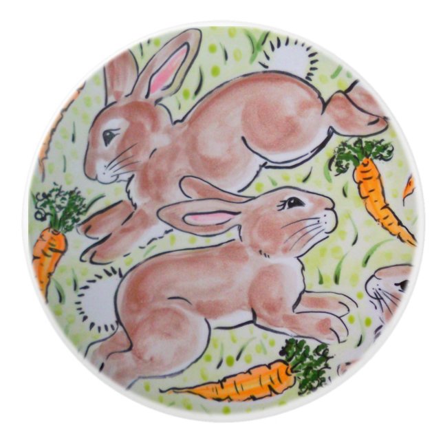 Cute Brown Green Bunny Rabbits Carrots Cute Ceramic Knob (Front)