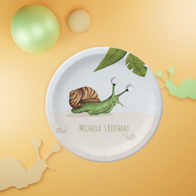 Cute Brown Green Snail Illustration Party Paper Plate (Creator Uploaded)