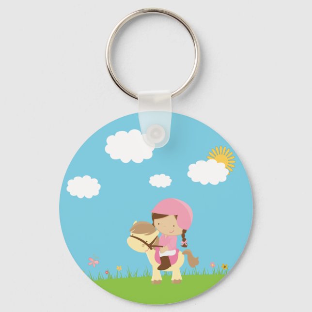 Cute brown hair girl riding a horse keychain (Front)