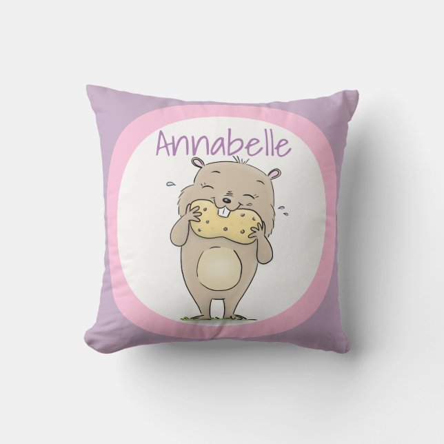 Cute brown hamster eating a peanut pink cartoon cushion (Front)