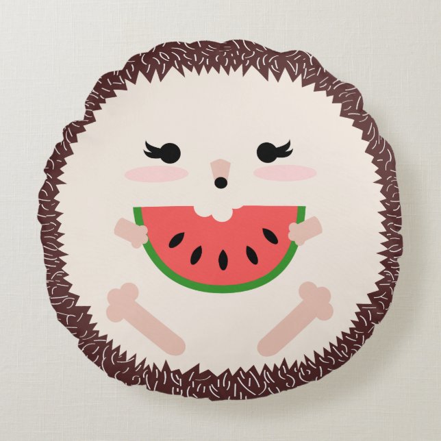 Cute Brown Hedgehog Eating Watermelon Slice Round Cushion (Front)