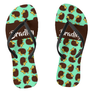 Cute brown hedgehogs on blue flip flops