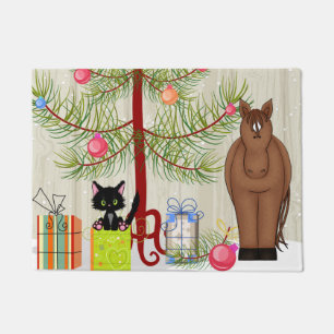 Cute Brown Horse and Kitten with Christmas Tree Doormat