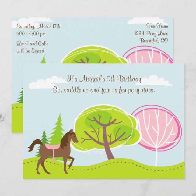 Cute Brown Horse and Trees Pony Rides Birthday Invitation (Front/Back)