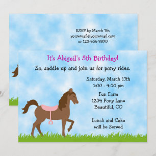 Cute Brown Horse, Pink Saddle Pony Party Birthday Invitation