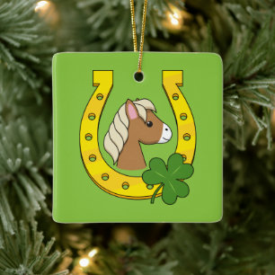 Cute Brown Horse w Golden Horse Shoe, Shamrock Ceramic Ornament